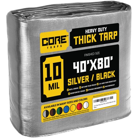 Core Tarps Heavy Duty Tarp, 80 ft L x 0.5 mm H x 40 ft W, 10 Mil, Silver/Black, Polyethylene CT-601-40X80